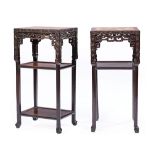 Two Chinese Carved Hardwood Tall Tables , late 19th/early 20th c., each with rouge marble inset top,