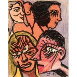 Joseph Hardin (American/Alabama, 1921-1989) , "Four Heads", pastel on paper, initialed lower