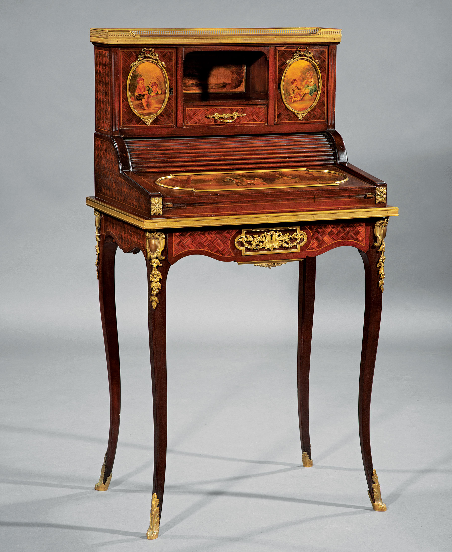 Louis XVI-Style Bronze-Mounted, Painted, Parquetry and Marquetry Escritoire , galleried fitted