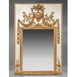 Louis XVI-Style Crème Peinte and Parcel Gilt Trumeau Mirror , probably late 19th c., floral urn