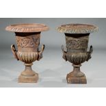 Pair of American Cast Iron Urns , 19th c., egg-and-dart molding, lion mask handles, lobed base,