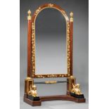 Antique Empire-Style Bronze-Mounted Mahogany Cheval Mirror , urn finials, arched mirror with