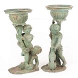 Pair of Continental Verdigris Patinated Bronze Figural Jardinieres , 20th c., putti holding