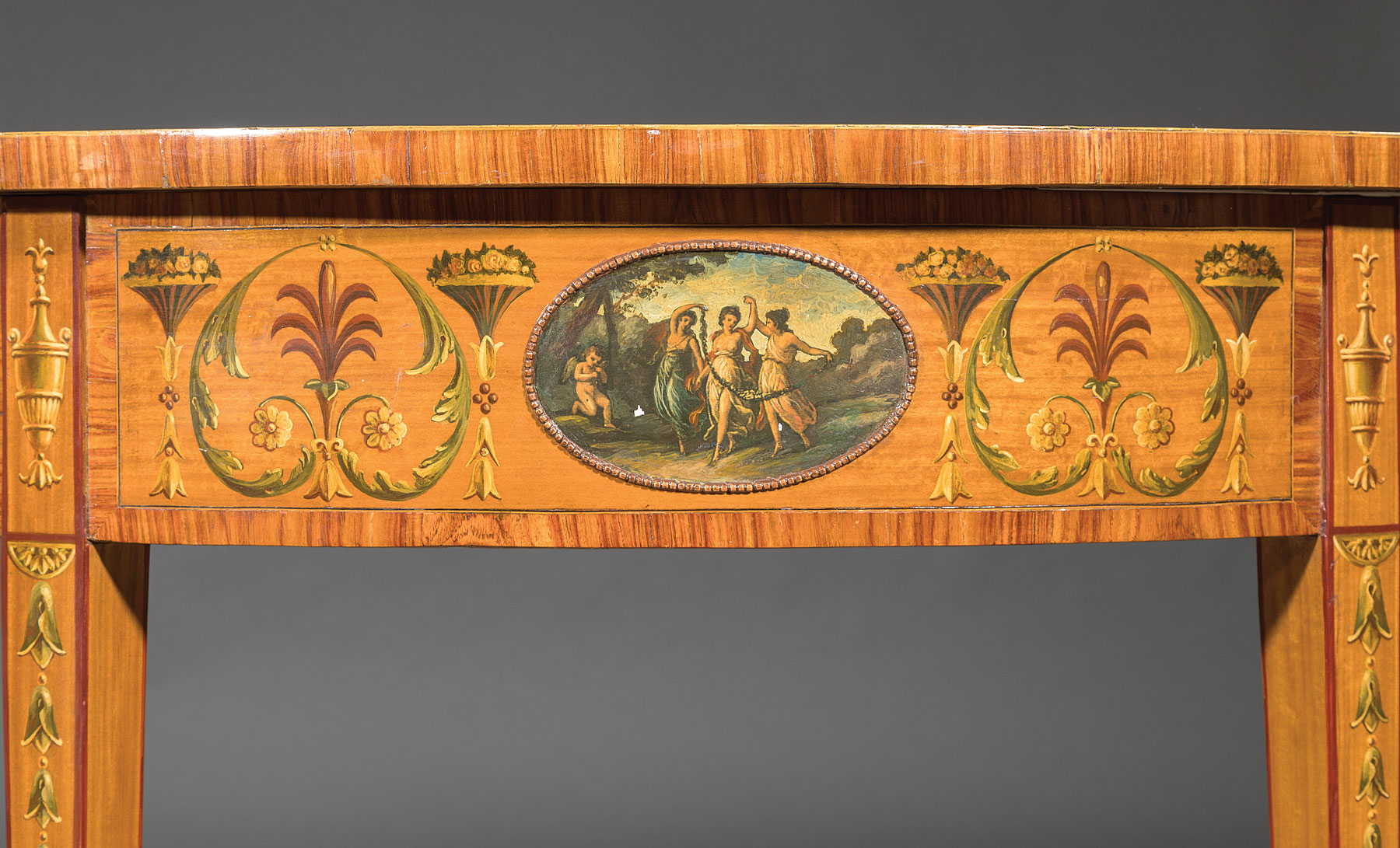 Pair of Edwardian Painted and Inlaid Satinwood Demilune Tables , early 20th c., Neoclassical motifs, - Image 3 of 5