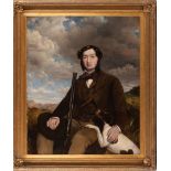 British School, mid-to-late 19th c ., "Portrait of a Sporting Gentleman with Dog and Rifle", oil