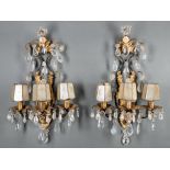 Pair of Beaux Arts Gilt Metal, Cut Glass and Rock Crystal Three-Light Sconces , c. 1900, scroll