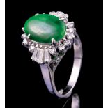 Platinum, Jadeite and Diamond Ring , cabochon jade surrounded by 14 round brilliant and 6 baguette
