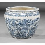 Chinese Blue and White Porcelain Fishbowl , mid-20th c., exterior decorated with a continuous