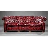 American Tufted Leather Chesterfield Sofa , loose seat cushions, brass nailhead trim, h. 28 in.,