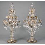 Pair of Crystal and Bronze Twelve-Light Girandole Candelabra . Note: One with loose top