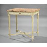 Louis XVI-Style Carved and Painted Side Table , 20th c., variegated marble top, beaded frieze