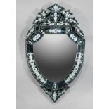 Venetian Etched Glass Mirror , foliate motif crest, cartouche form mirror plate, foliate pendant, h.