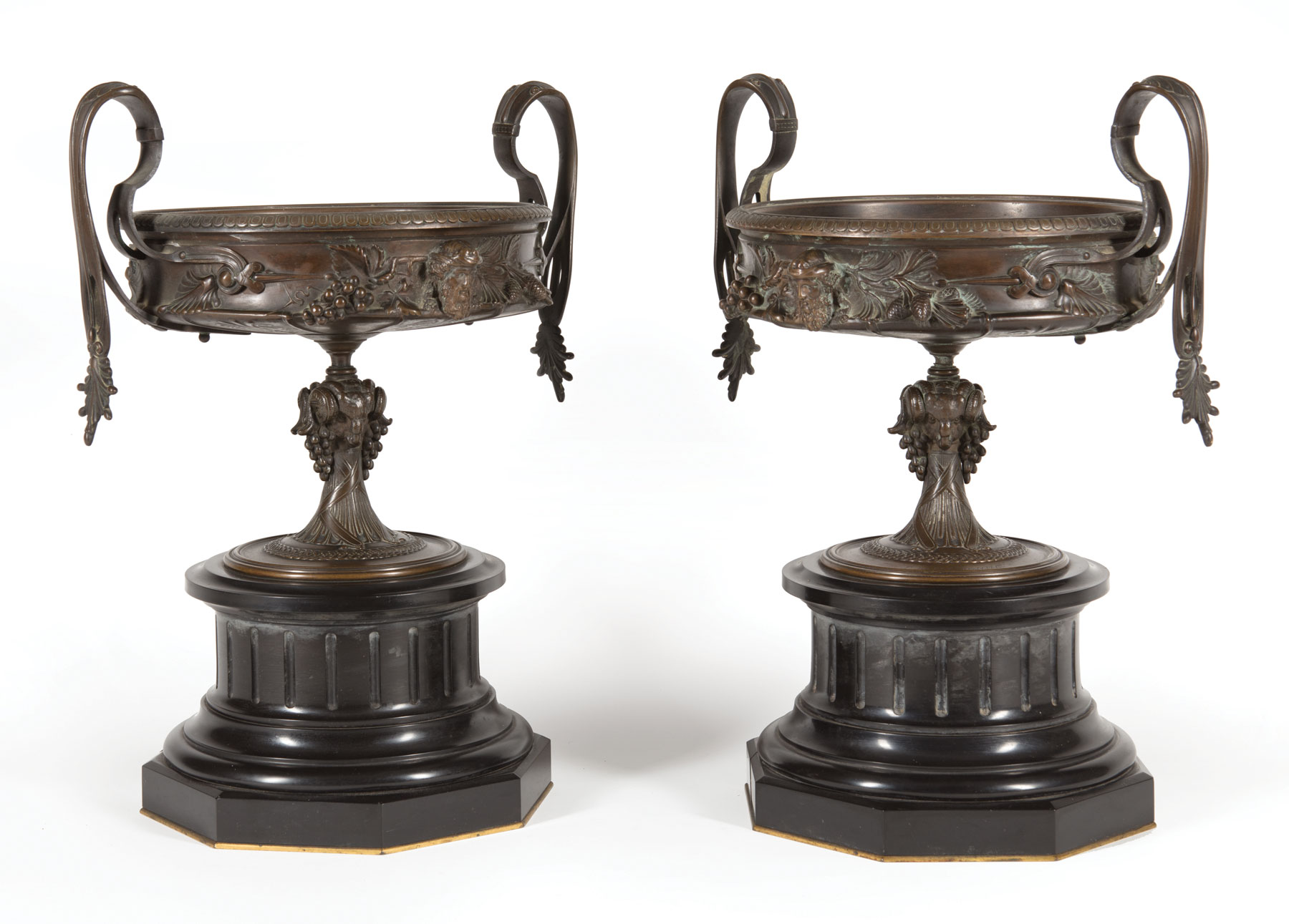 Pair of Empire-Style Bronze and Marble Tazzas , 19th c., marked "F. BARBEDIENNE", on octagonal - Image 2 of 3