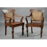 Pair of Anglo-Colonial Carved Tropical Hardwood Armchairs , 19th c., shaped crest rail, caned