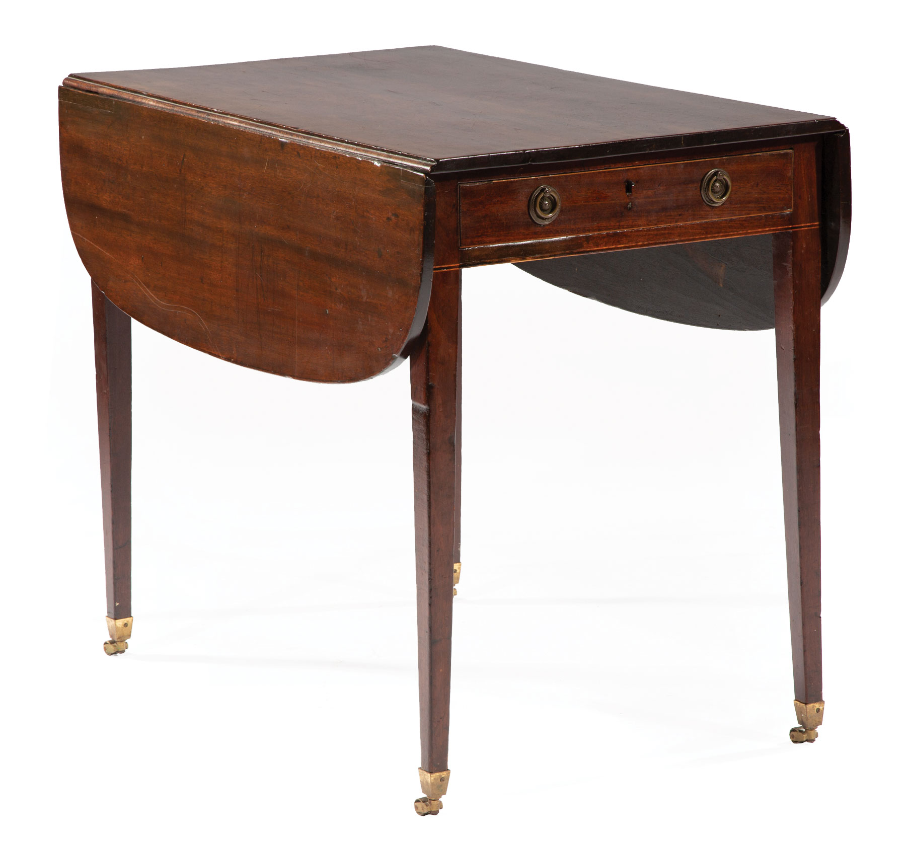 George III Inlaid Mahogany Pembroke Table , late 18th c., shaped drop-leaf top, single drawer,