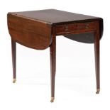 George III Inlaid Mahogany Pembroke Table , late 18th c., shaped drop-leaf top, single drawer,
