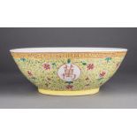 Chinese Famille Rose-Decorated Yellow Ground Porcelain "Wanshou Wujiang" Bowl , 19th/early 20th