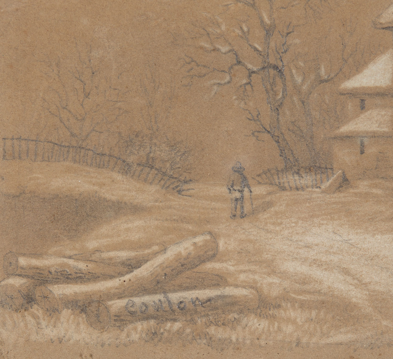 George David Coulon (French/New Orleans, 1822-1904) , "Winter Scene", pencil and crayon on paper, - Image 3 of 3