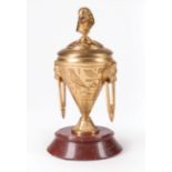 French Egyptian Revival Gilt Bronze Encrier , mid-19th c., urn form, pharoanic finial, panther