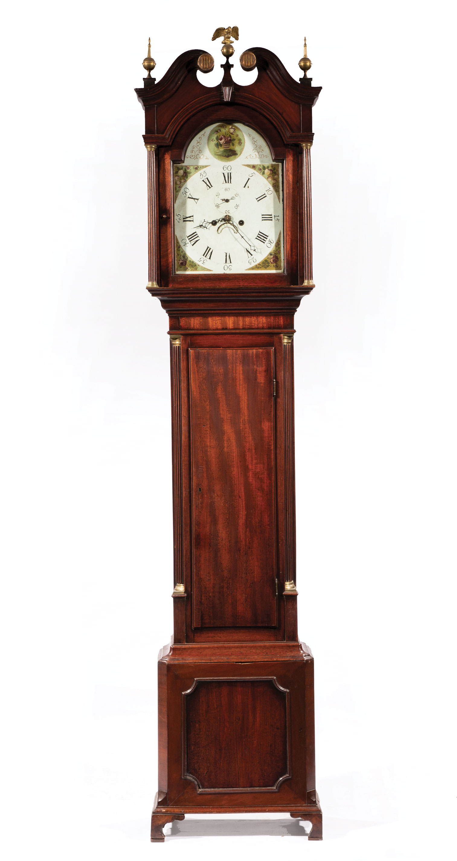 George III Mahogany Tall Case Clock , 19th c., broken scroll pediment, eagle and ball finials,