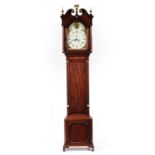 George III Mahogany Tall Case Clock , 19th c., broken scroll pediment, eagle and ball finials,