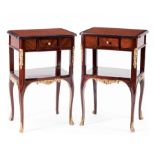 Pair of Louis XV-Style Bronze-Mounted and Inlaid Mahogany Side Tables , molded top, frieze drawer,