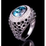 14 kt. White Gold, Blue Zircon and Diamond Ring , bezel set oval cut zircon, approx. 11.06 x 8.45