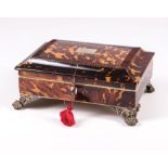 English Tortoiseshell Sewing Box , c. 1830, fitted interior, winged-paw silverplate feet, h. 3