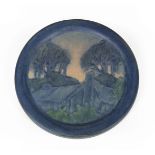 Newcomb College Art Pottery Plaque , decorated with low relief-carved cabin and trees design,