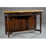 Pair of Louis XVI-Style Carved Walnut Console Tables , sienna marble top, floral reticulated frieze,