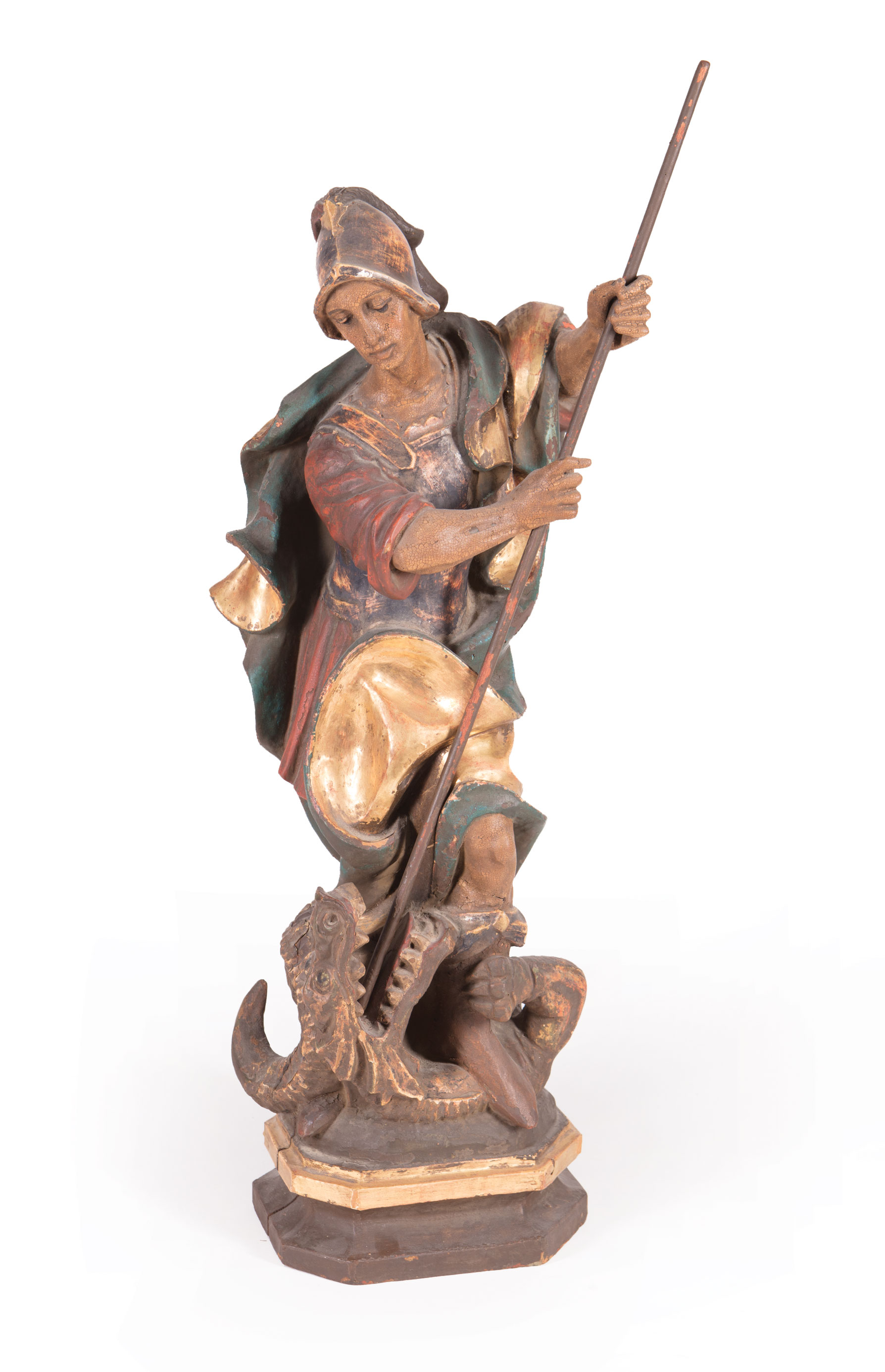 Continental Carved and Polychromed Wood Figure of St. George Slaying the Dragon , "Tiroler/