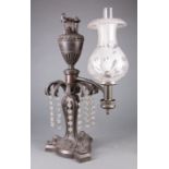 English Bronze Single-Arm Argand Lamp , c. 1840, now with glass bead pendants, cut and frosted glass