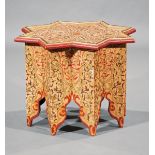 Moorish-Style Painted and Parcel Gilt Tabouret , starburst top with carved geometric patterns,