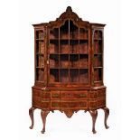 Antique Dutch-Style Carved and Inlaid Walnut Cabinet , foliate crest, stepped shaped cornice, glazed