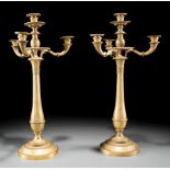 Pair of Antique Swedish Neoclassical Bronze Four-Light Candelabra , h. 25 in., dia. 12 1/2 in .