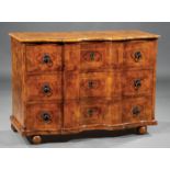 Continental Inlaid and Grain-Painted Hardwood Commode , shaped top, three conforming drawers, bun