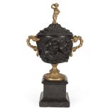 Continental Gilt and Patinated Bronze Covered Urn , 20th c., putto finial, Bacchic frieze, grapevine