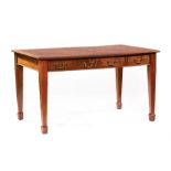 George III-Style Mahogany Writing Table , tooled leather top, 3 frieze drawers, tapered legs,