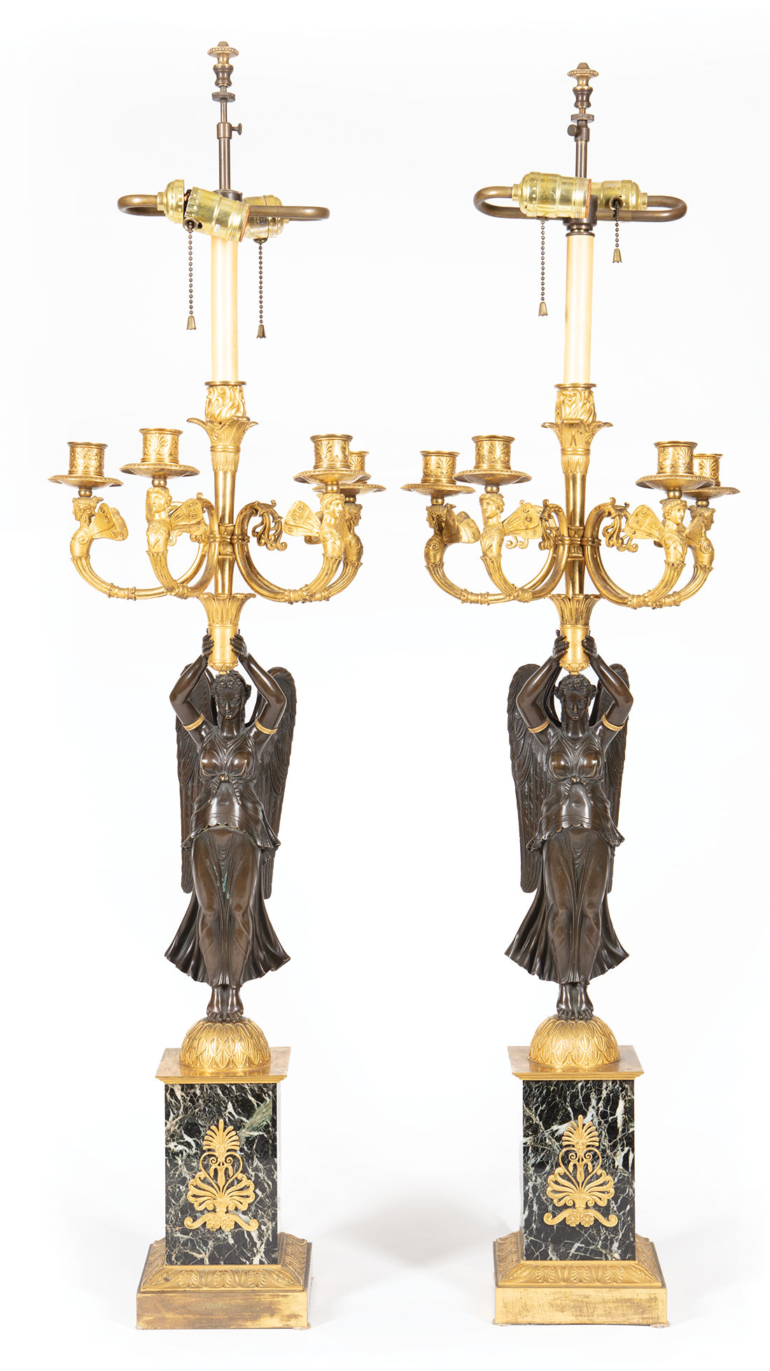 Pair of Empire Gilt and Patinated Bronze Five-Light Candelabra , 19th c., marked on base "RABIAT" (