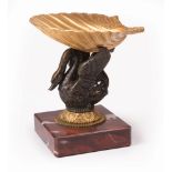 Continental Gilt and Patinated Bronze Vide Poche , 19th c., scallop shell dish, winged swan support,
