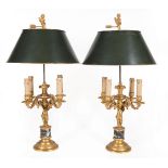Pair of French Gilt Bronze and Marble Four-Light Figural Bouillotte Lamps , 20th c., cherub-