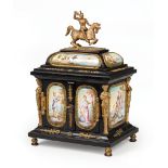 Continental Ebonized, Enameled and Gilt Bronze-Mounted Miniature Cabinet , 19th c., surmounted by