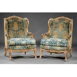Pair of Antique Louis XV-Style Carved Giltwood Bergeres à Oreilles , floral-carved crest, padded