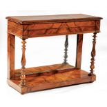 English Figured Walnut Pier Table , late 19th c., rectangular top, mirrored back, molded frieze,