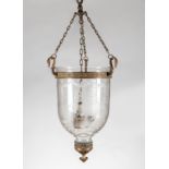 Antique English Brass and Etched Glass Hall Lantern , globe with tall ships decoration, wired for