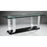 Art Moderne Chrome and Glass Console Table , 20th c., glass top on burnished yoke supports connected