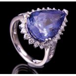 Platinum, Tanzanite and Diamond Ring , prong set pear shaped modified brilliant cut tanzanite, 17.40