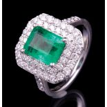 Platinum, Emerald and Diamond Ring , prong set rectangular step cut natural emerald, 8.80 x 7.00 x