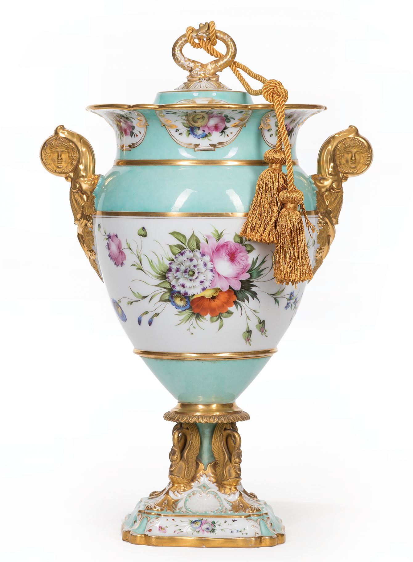 Good Paris Porcelain Gilt and Polychrome Covered Urns , 19th c., incised mark, portrait medallion