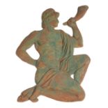 Cast Iron Figure of Classical Youth Blowing a Ram's Horn , remnants of green paint, h. 38 in., w. 29